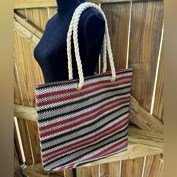 Vera Neumann Multicolor Azelea Woven Straw Striped Tote Bag with Rope Handles - Picture 5 of 5